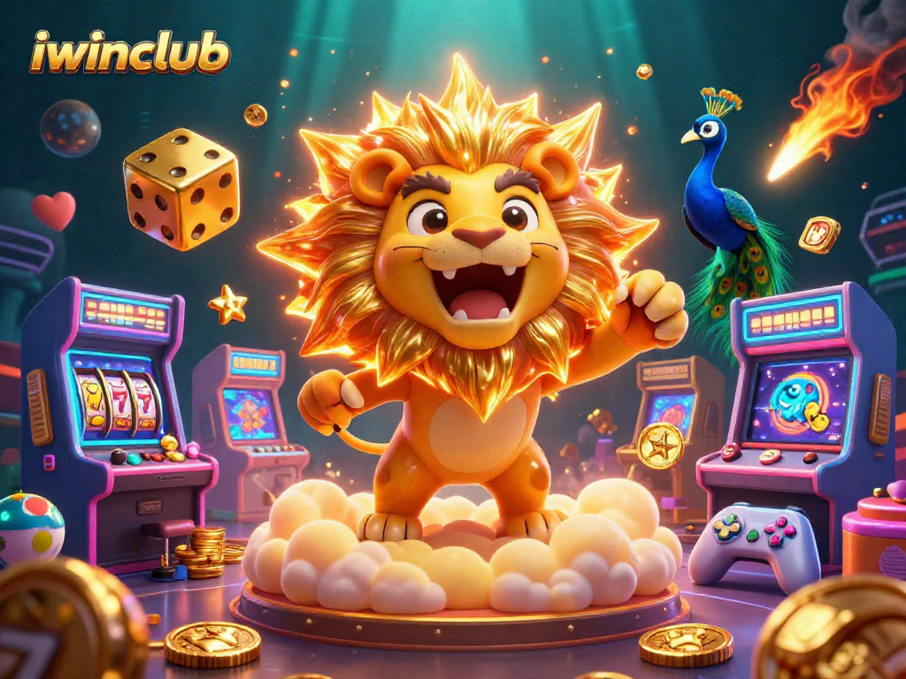 Experience the excitement of iwinclub with colorful gaming elements and a triumphant sun lion.