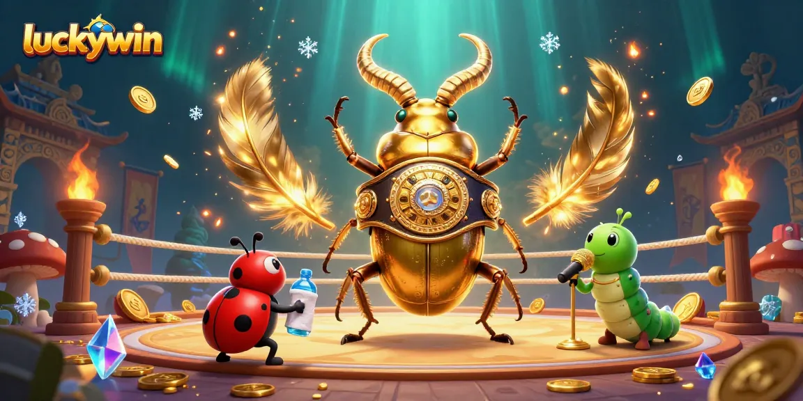 Engage with luckywin casino excitement featuring a golden stag beetle and gaming elements.