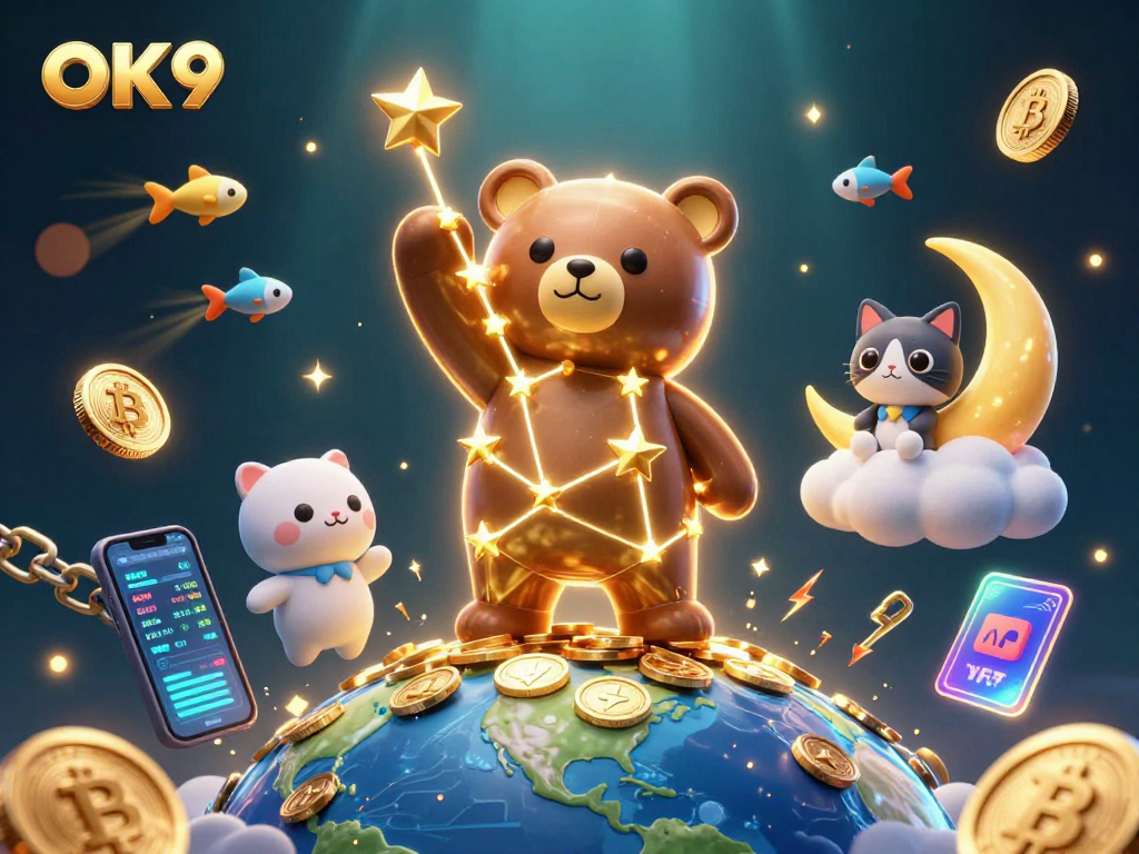 Engage with OK9's vibrant 3D casino atmosphere, featuring shooting stars and glowing crypto coins.