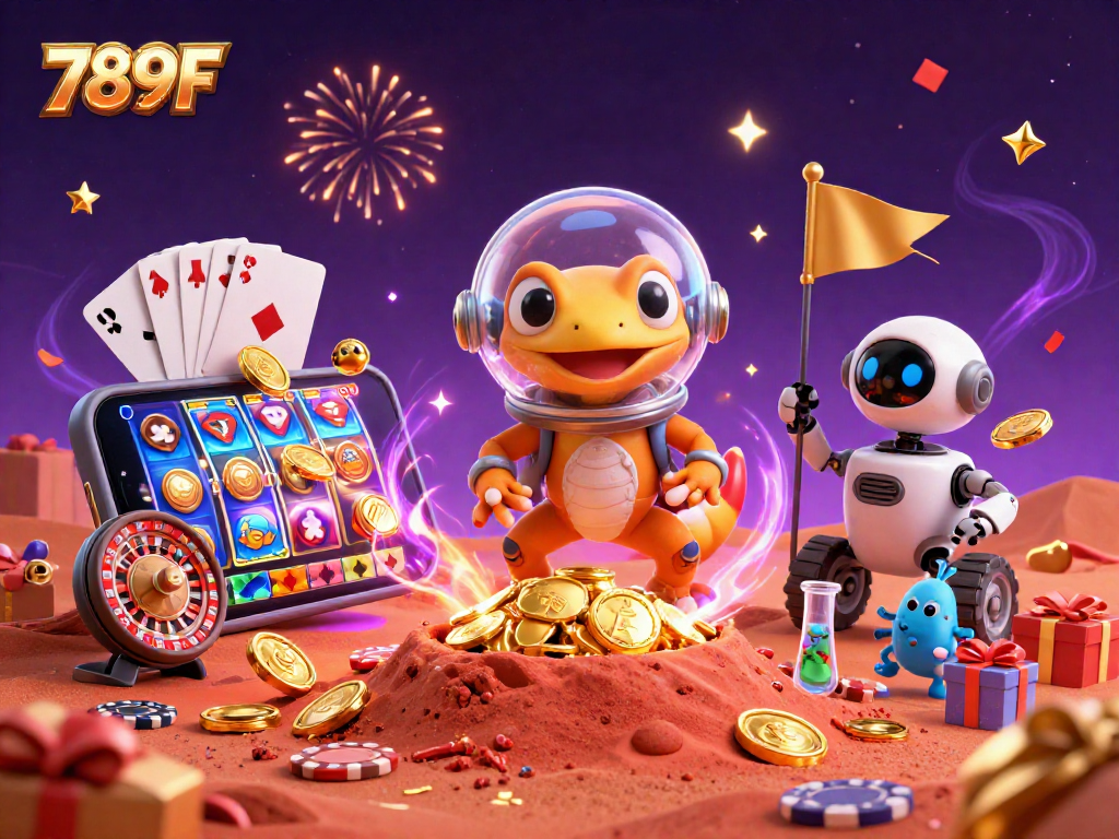 Experience thrilling gaming adventures with 789F at a golden casino on Mars, featuring vibrant slots and action.