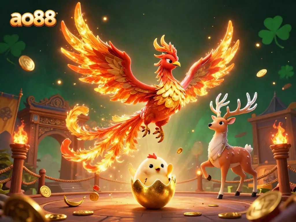 Win big with the ao88 casino experience, featuring a dynamic scene with phoenixes and golden symbols.