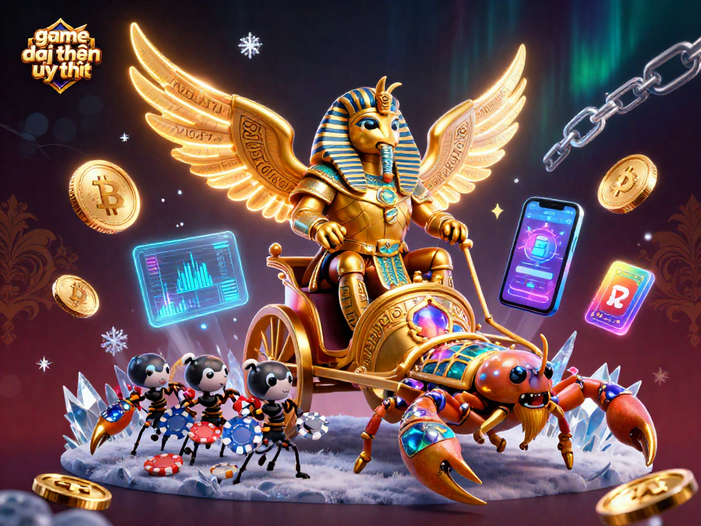 Engage in game đổi thưởng uy tín with a dynamic 3D casino scene featuring a golden scarab beetle and crypto elements.