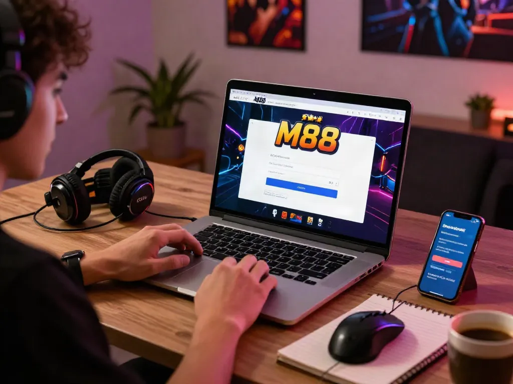 User engaging with M88 Login alternatif on a sleek laptop in a modern home office setup with gaming accessories.