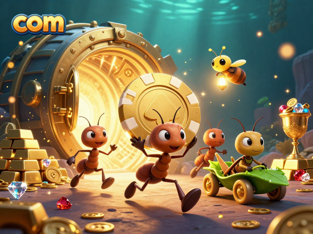 Experience thrilling heists at com, as ants carry a massive poker chip through a glittering treasure tunnel.