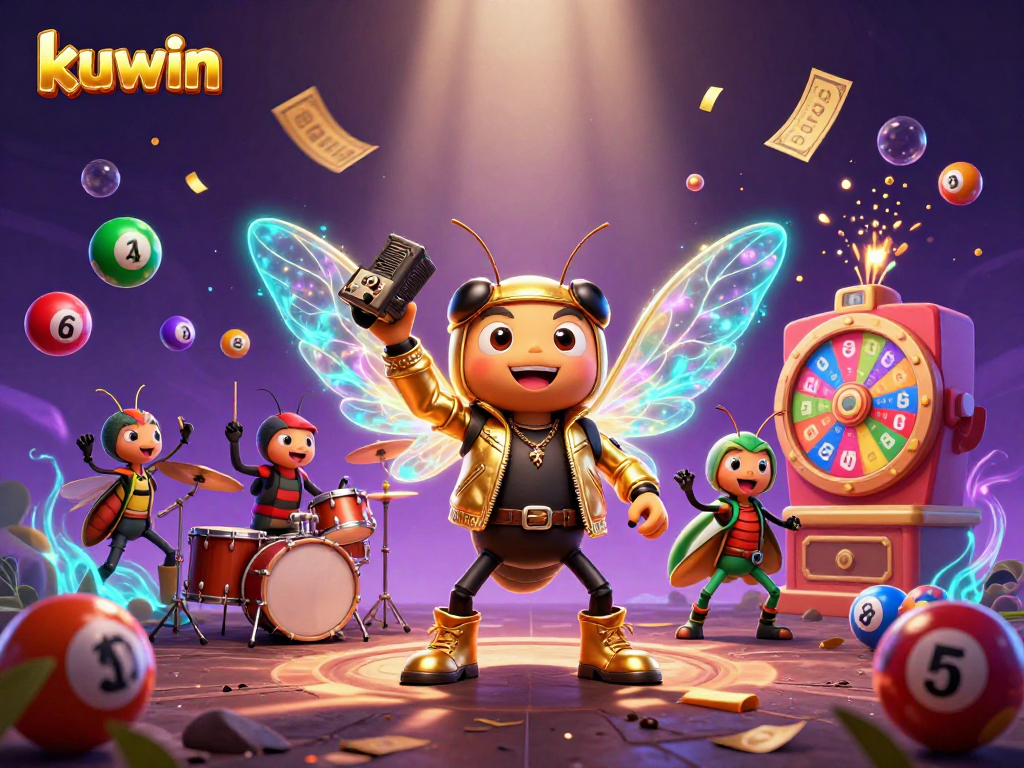 Win big with kuwin in this vibrant 3D casino scene featuring dynamic lottery elements.