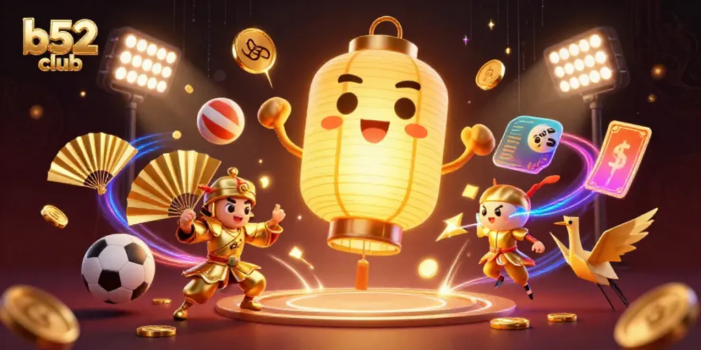 Experience the excitement of b52 club with golden spirits, sports elements, and vibrant casino atmosphere.