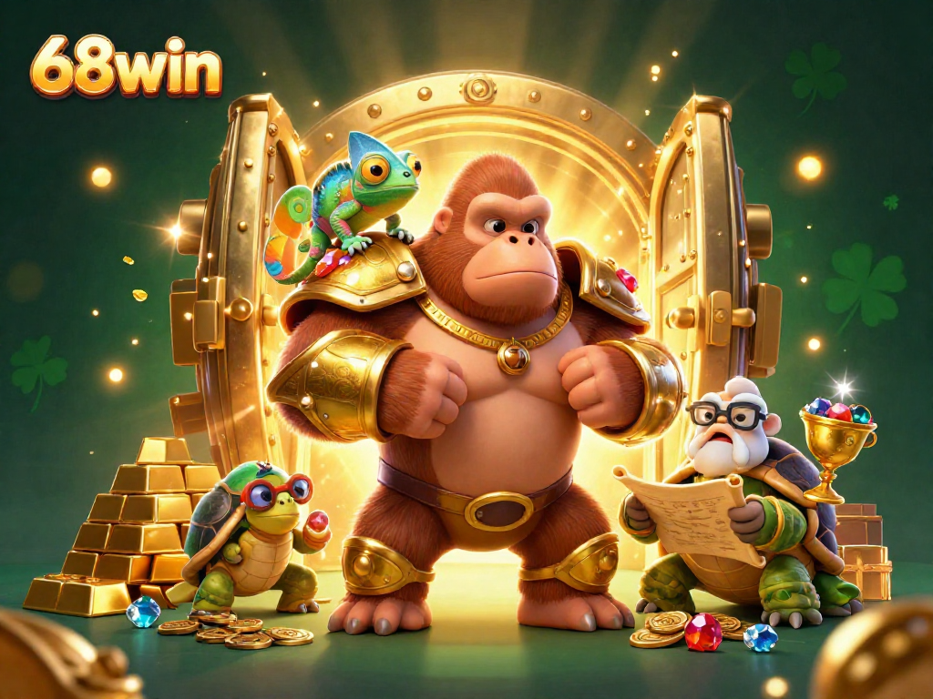 Enjoy exciting gambling adventures at 68win with a dynamic 3D casino scene featuring treasure and characters.