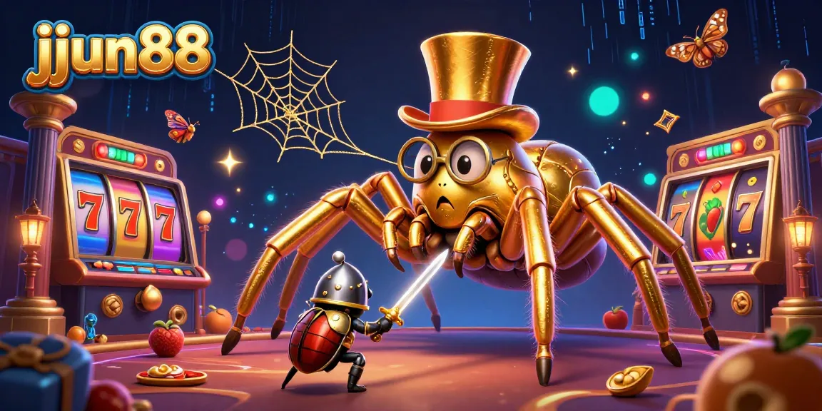 Engage with jjun88 in this vibrant casino scene featuring a golden tarantula and beetle knight.