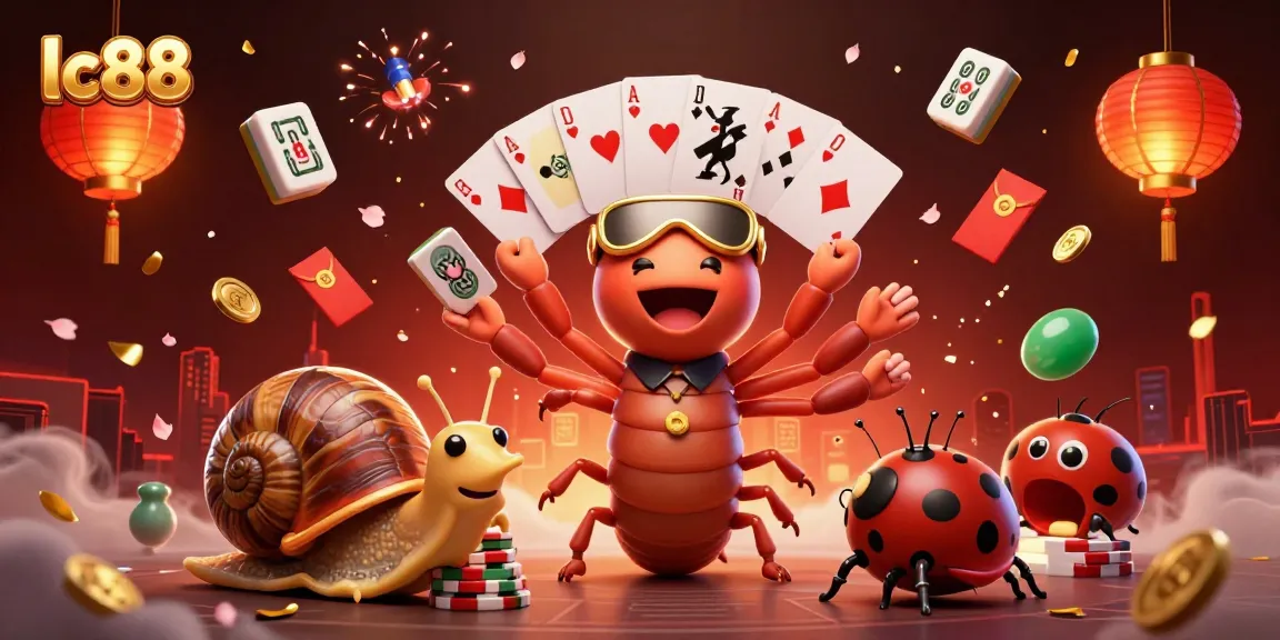lc88 casino scene featuring a millipede dealer, snail high-roller, and vibrant tokens