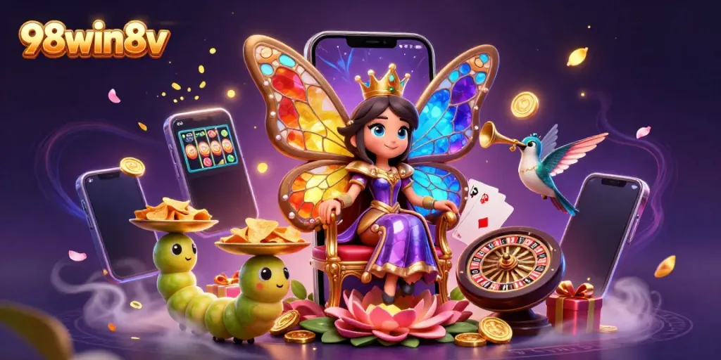 Experience the vibrant world of 98win8v with a colorful casino-themed illustration featuring a butterfly queen and exciting game elements.