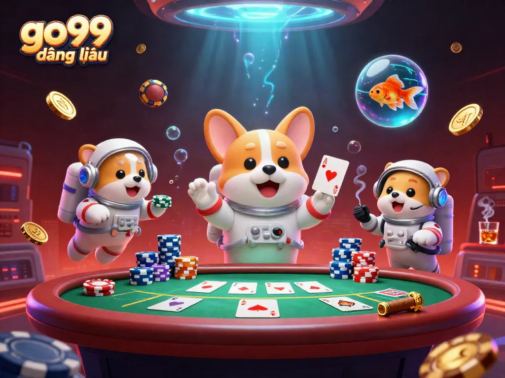 Engage with go99 đăng nhập through a vibrant 3D casino illustration featuring playful characters amidst poker games.