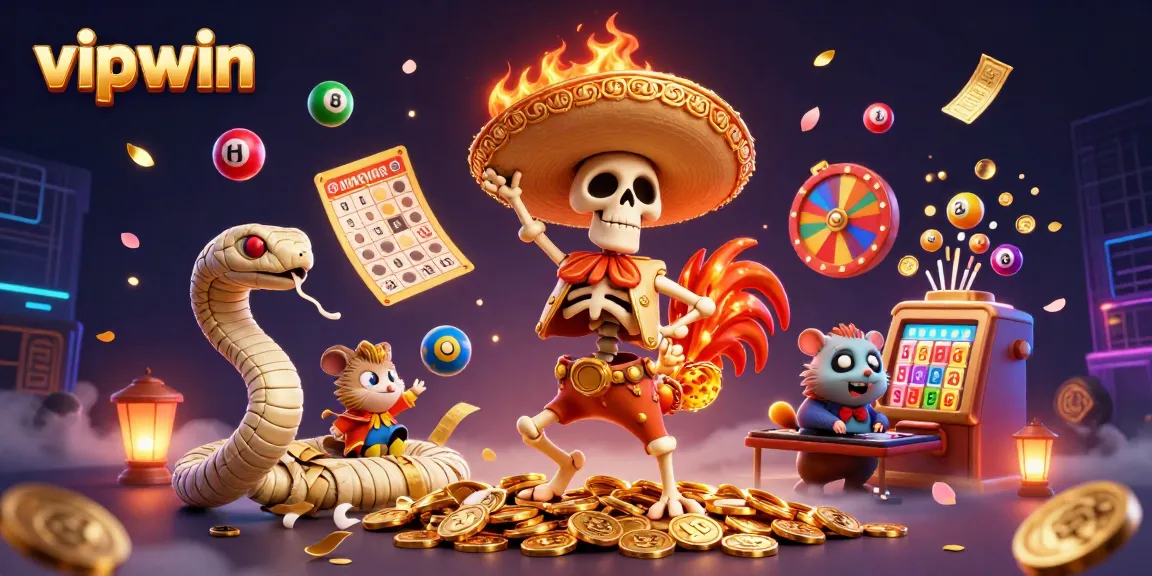Experience the thrills of vipwin with a lively 3D scene featuring a mariachi rooster, mummy snake, and DJ hamster amidst vibrant gambling elements.