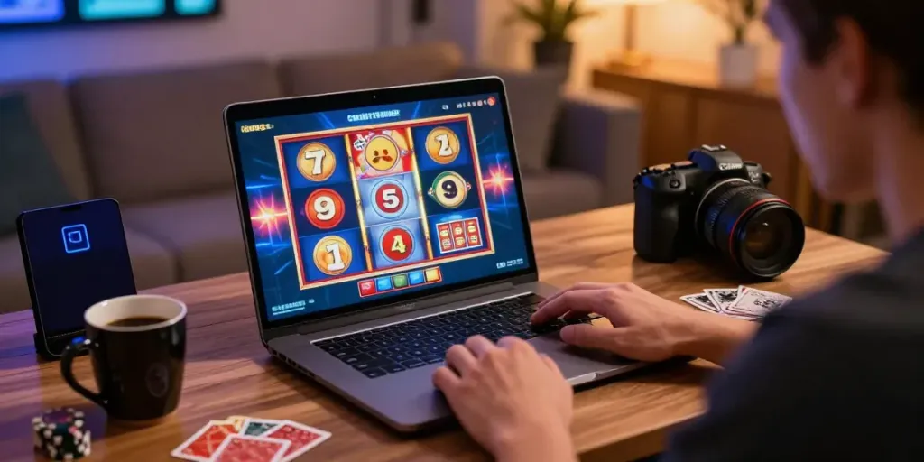 Engaged player at credit card casinos UK with laptop gaming setup and vibrant atmosphere.