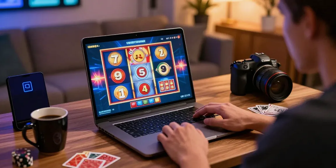 Engaged player at credit card casinos UK with laptop gaming setup and vibrant atmosphere.
