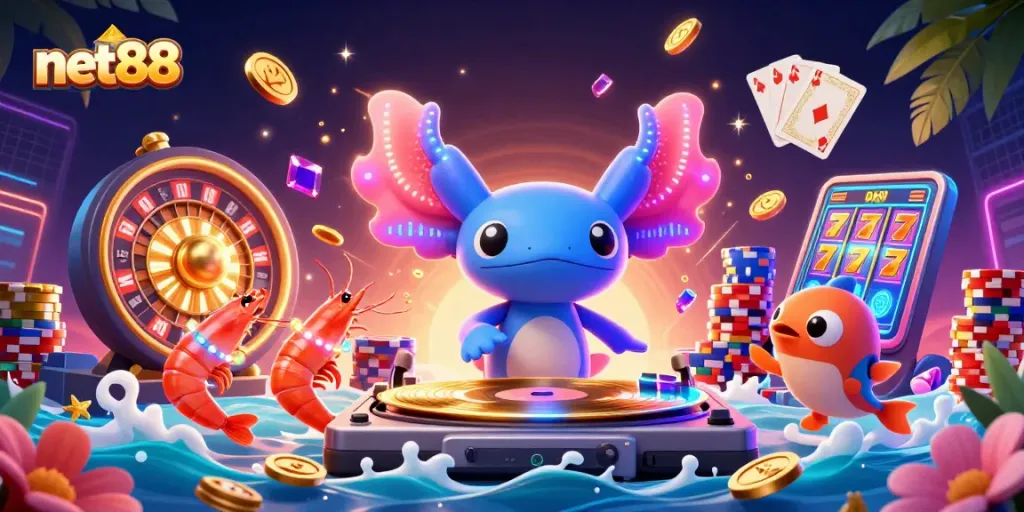Experience net88's vibrant casino scene with our neon axolotl DJ and lively shrimp dancers.