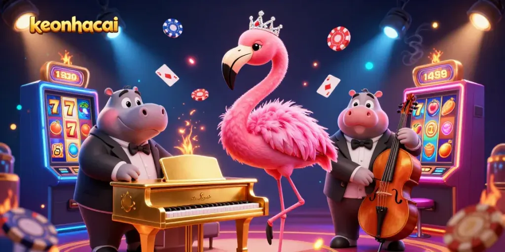Experience keonhacai's vibrant casino atmosphere with colorful slot machines and lively cartoon characters.