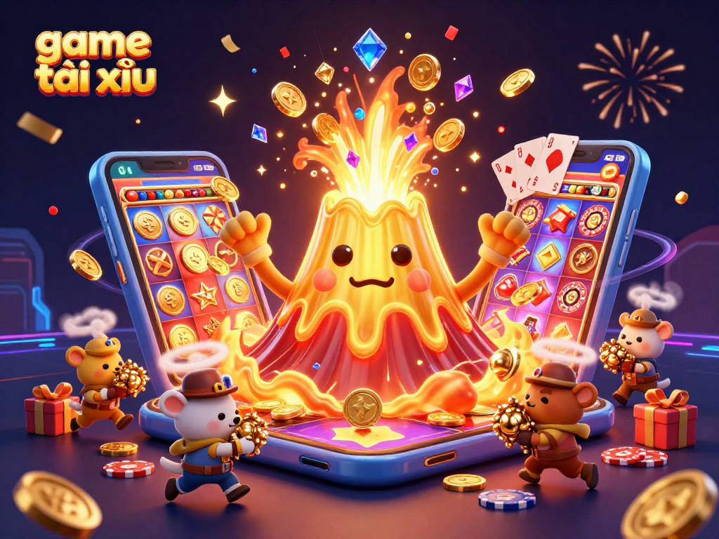 Experience game tài xỉu action with vibrant treasures overflowing from a golden volcano and interactive casino elements.