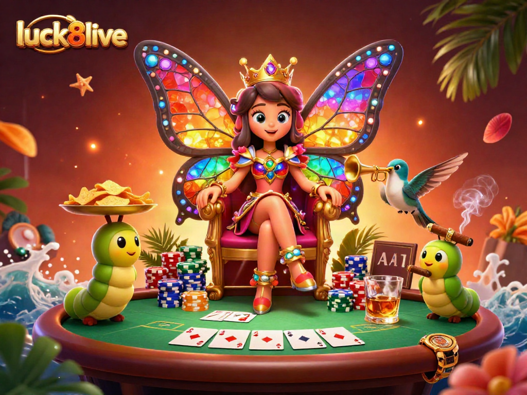 Experience the thrill of luck8live with vibrant poker scenes featuring a butterfly queen.