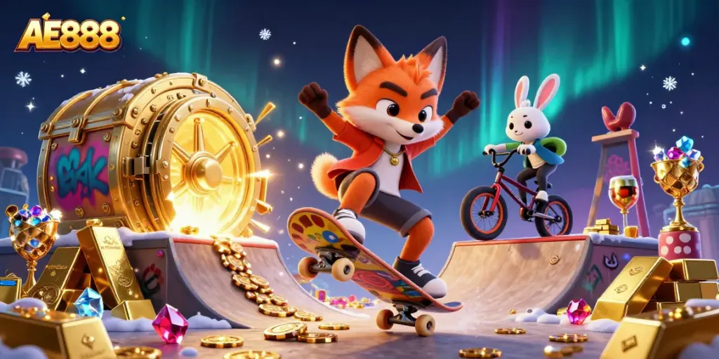 Experience thrilling AE888 gaming with a skateboarder fox and BMX rabbit amidst a dazzling casino backdrop.