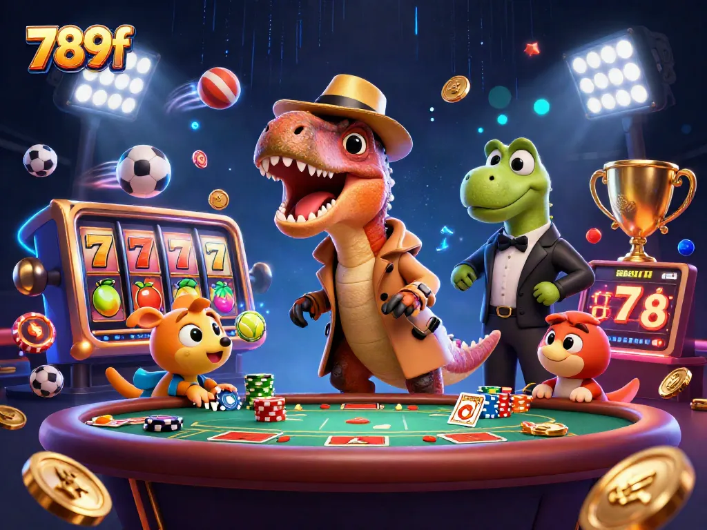 Engaging 789f casino scene where a velociraptor card counter looks sneaky while chip stealing compy sneaks coins.