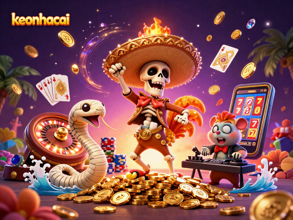 keonhacai showcases a vibrant scene with a cartoon mariachi rooster and casino elements.