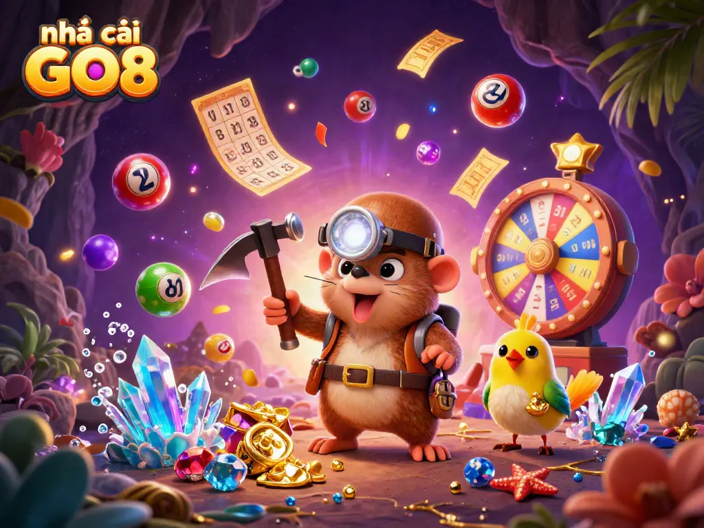 Engage in thrilling bets at nhà cái GO8 with colorful lottery elements, treasure hunter vibes, and dynamic gameplay.