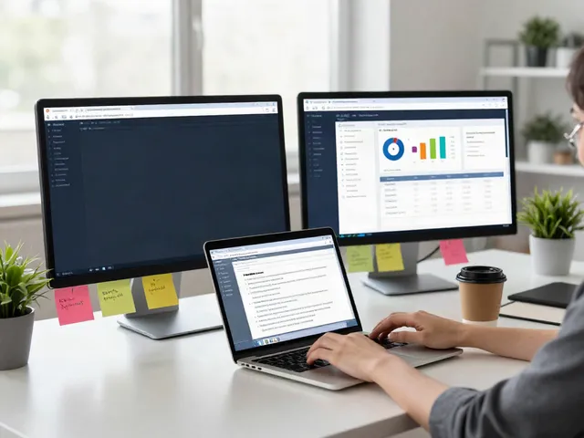 Person optimizing instant indexing strategy in a modern digital workspace with monitors and coffee.