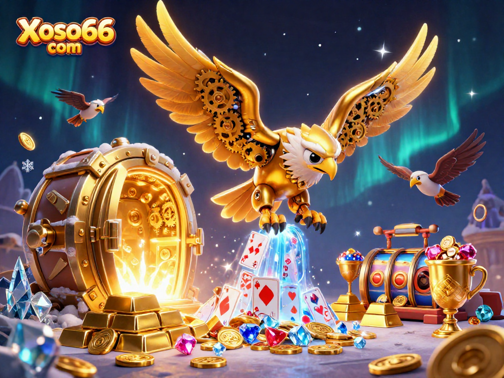 Experience thrilling wins at Xoso66 com with an epic 3D casino scene featuring a golden eagle and treasure.