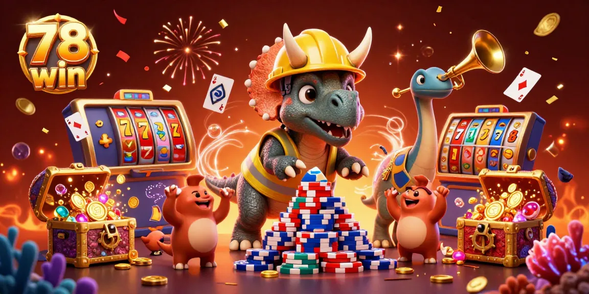 Experience the excitement of gambling at 78 win with vibrant themed characters celebrating in a dynamic casino scene.