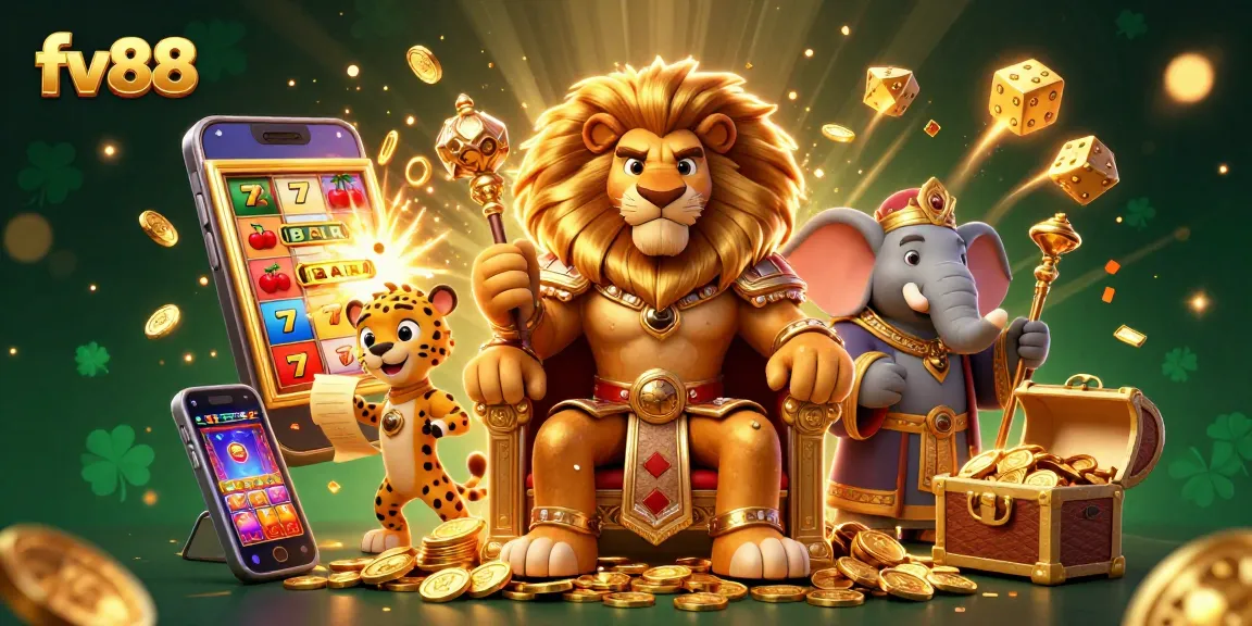 Spin jackpots and win with fv88's vibrant casino scene featuring characters and gaming elements.