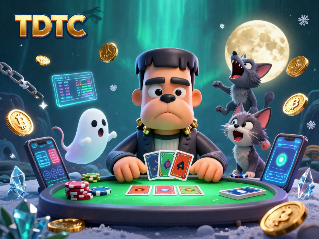 Experience TDTC with a 3D cartoon scene featuring a Frankenstein bulldog, ghost mouse, and werewolf kitten in a crypto casino.