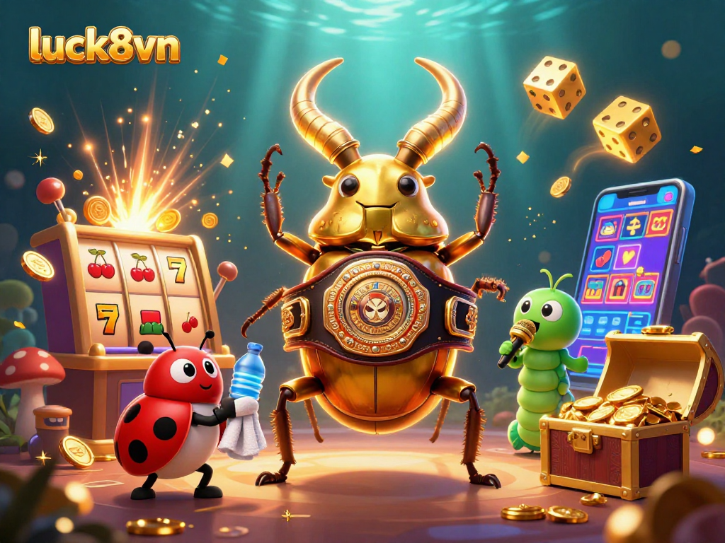 Experience the thrill of luck8vn with a giant beetle champion in a vibrant casino scene!