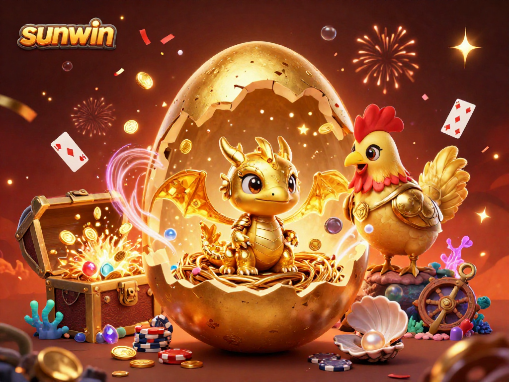 Engage in thrilling games at Sunwin with a golden dragon guarding poker chips among confetti.