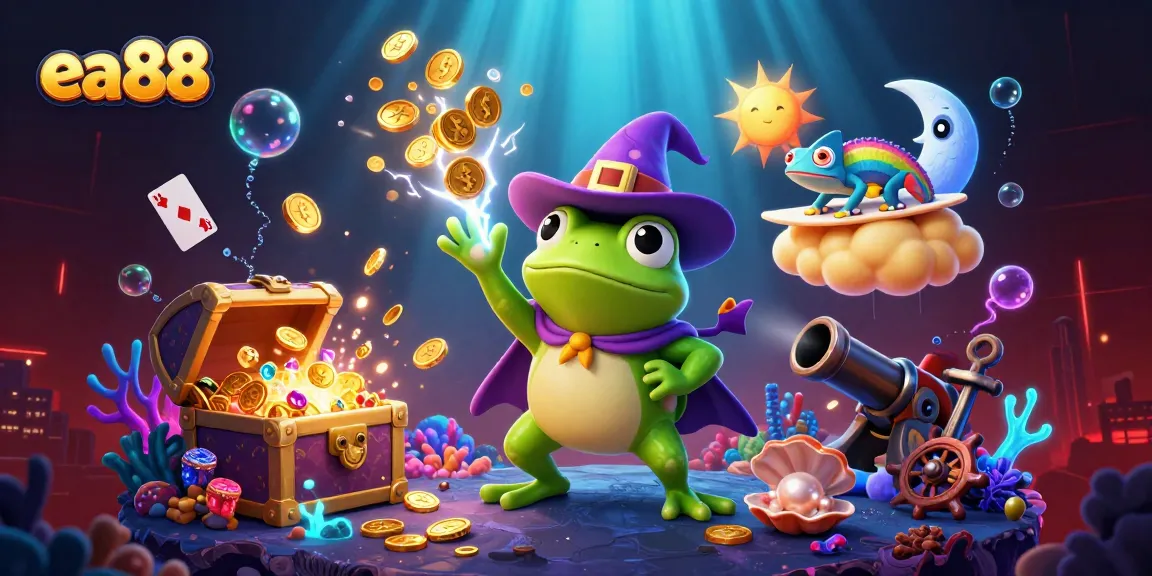 Experience the thrill of ea88 with golden coin storms and vibrant animated characters in a mystical casino atmosphere.