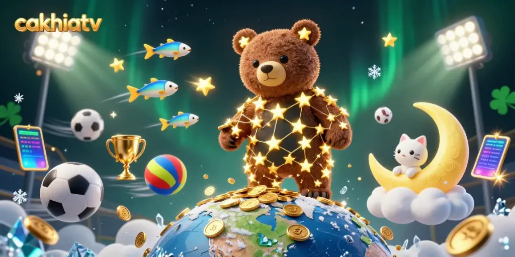 Experience thrilling sports betting action with cakhiatv's vibrant constellation-themed illustration of a bear, trophies, and coins.