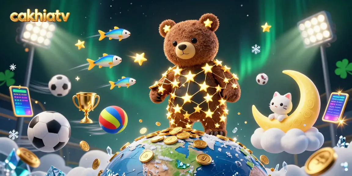 Experience thrilling sports betting action with cakhiatv's vibrant constellation-themed illustration of a bear, trophies, and coins.