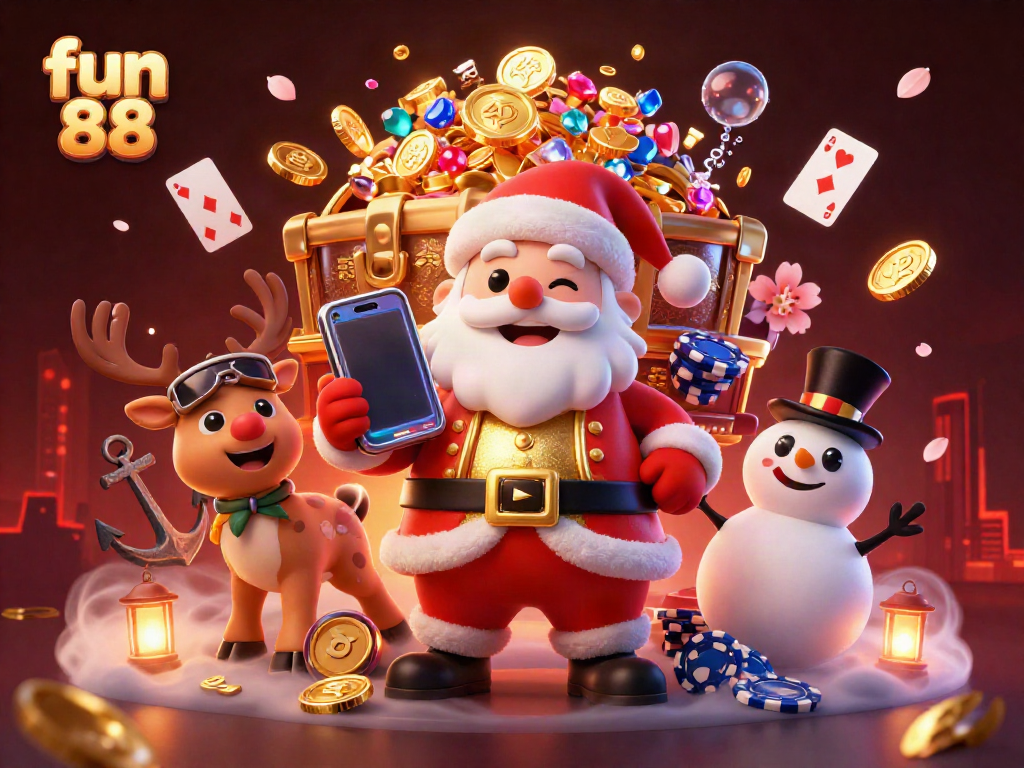 Experience fun 88 with Santa and his reindeer at a dynamic casino scene filled with treasures.