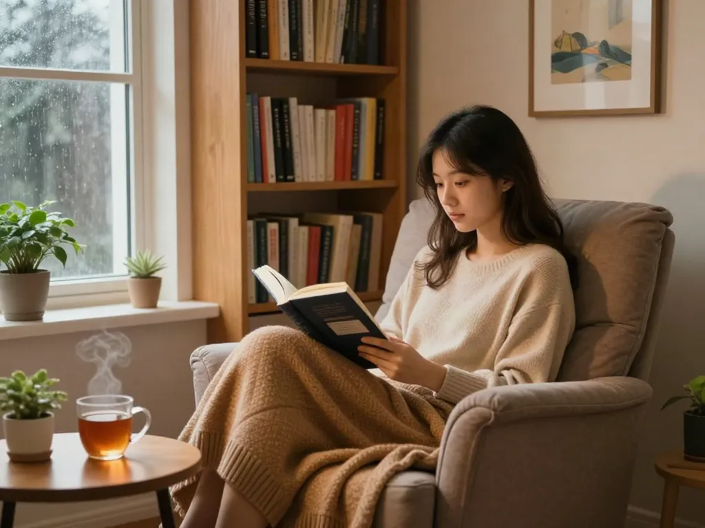 Cozy reading nook with person enjoying a book and tea, embodying the essence of read moreÂ…