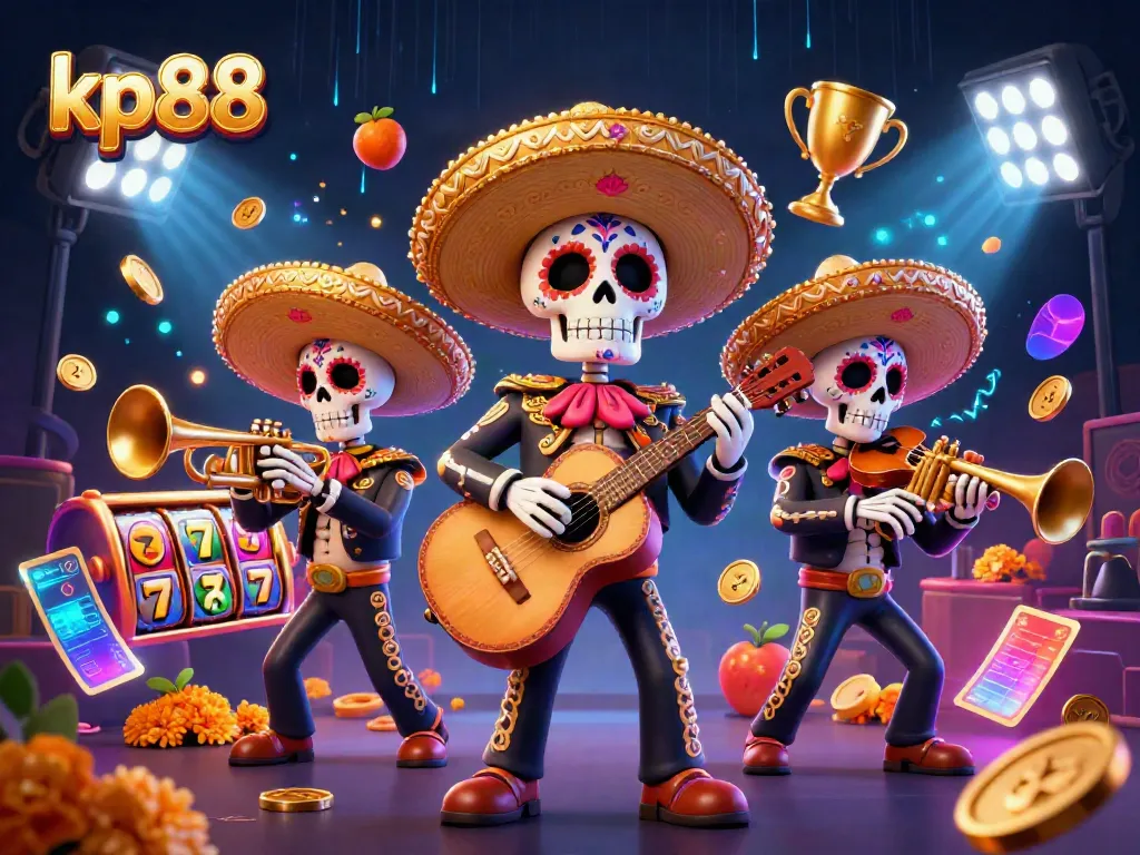 Engage with kp88 through an action-packed casino scene featuring colorful Day of the Dead mariachis and dynamic slot game elements.