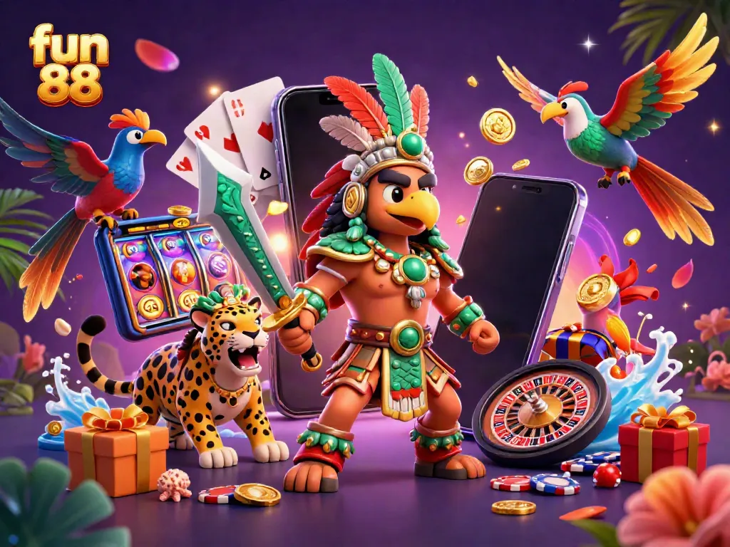 Engage in thrilling gameplay at fun 88 with an Aztec warrior and vibrant casino elements.
