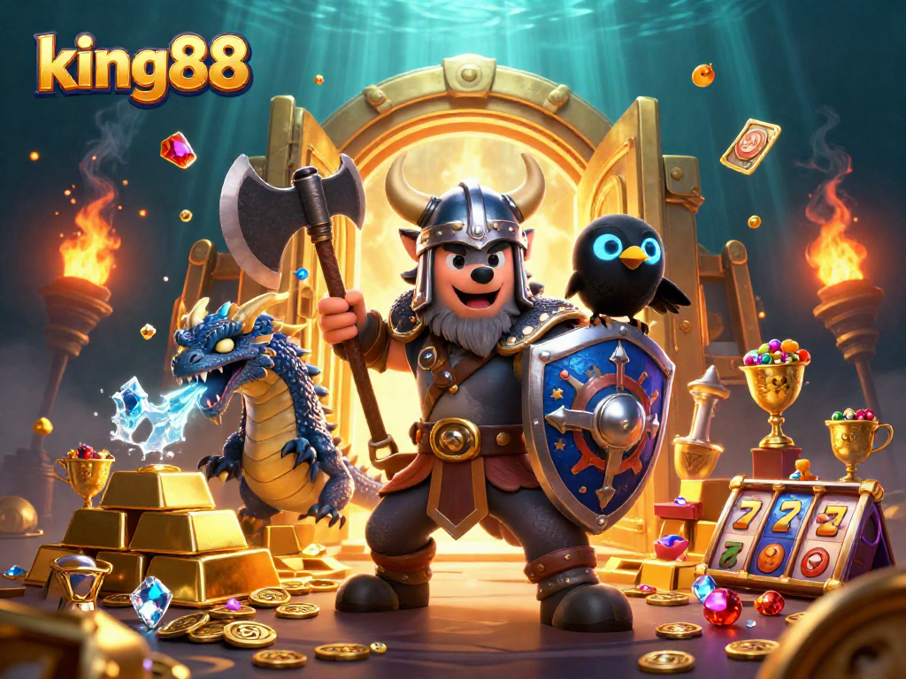 Engage in king88 slots with a Viking warrior, dragon, and treasure in a vibrant 3D scene.
