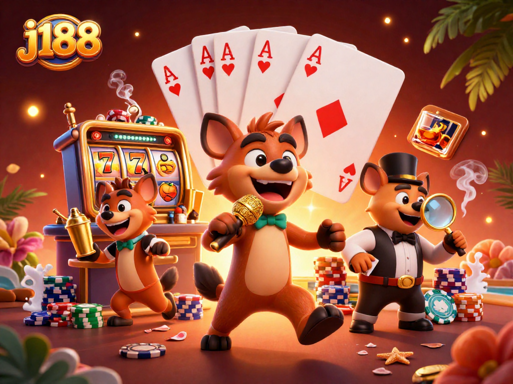Join in the fun at j188 with hyenas entertaining in a vibrant 3D casino scene!