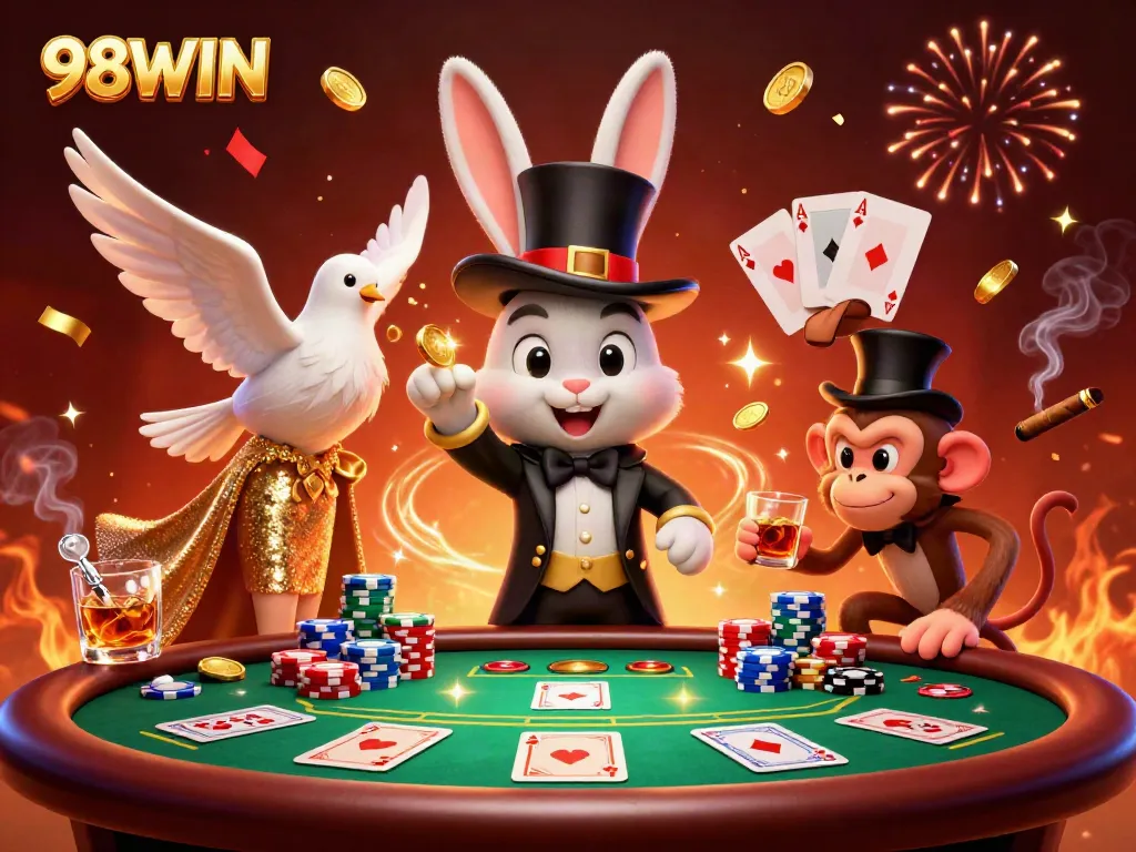 Engaging illustration of 98WIN with a magician rabbit, glamorous dove, and monkey, captivating players with poker elements.