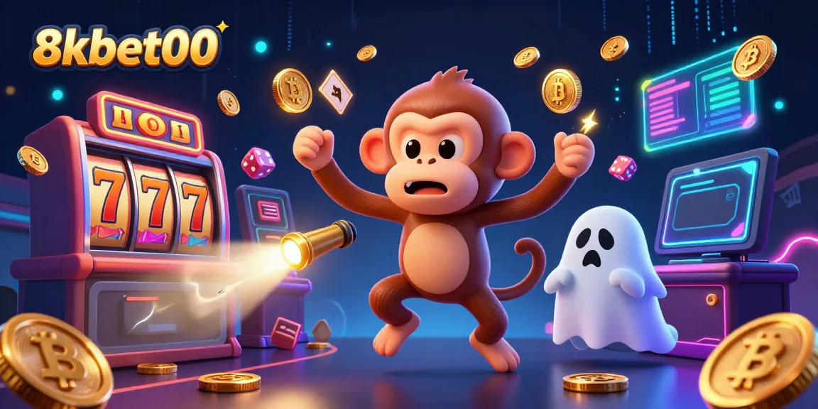 Engaging 8xbet00 casino illustration depicting a mischievous monkey juggling golden gaming items in a vibrant casino.
