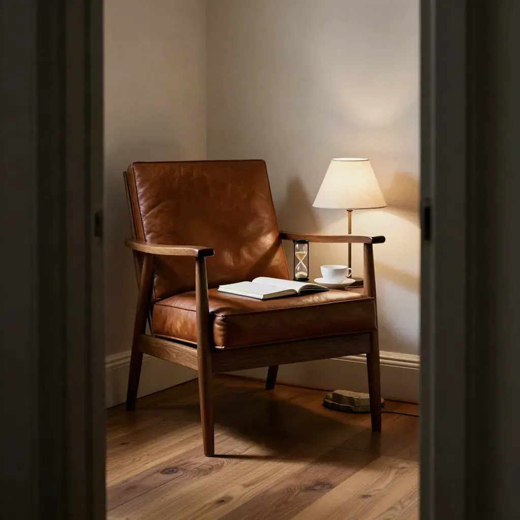 Quiet coaching corner with armchair, hourglass, tea cup, notebook and lamp in a calm room.