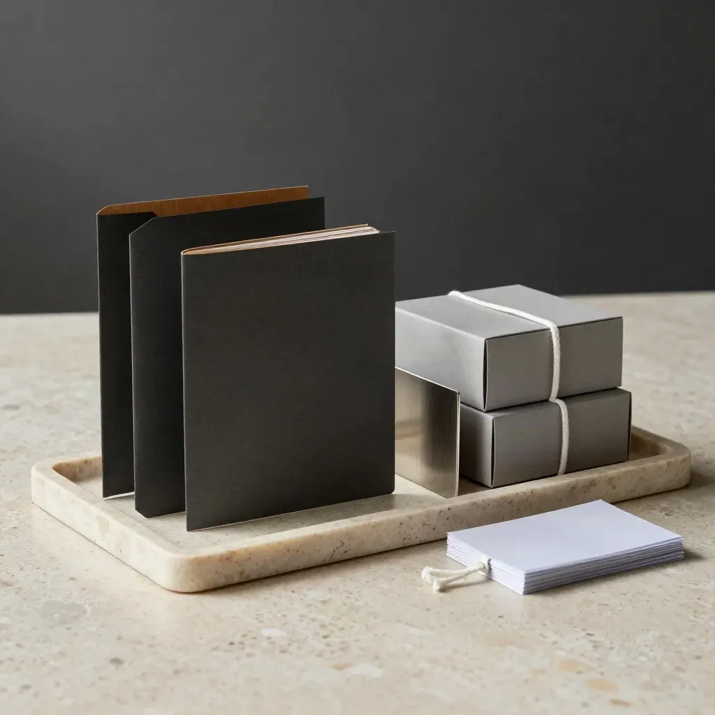 Charcoal folders and travertine review props arranged in a precise neutral assessment still life.
