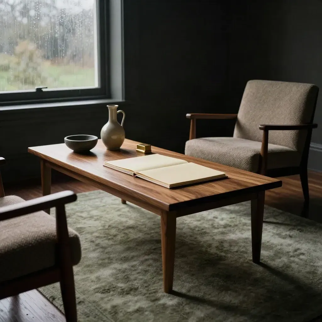Empty mediation suite at dawn with folder, armchairs, oak table and rain-hazed window light.