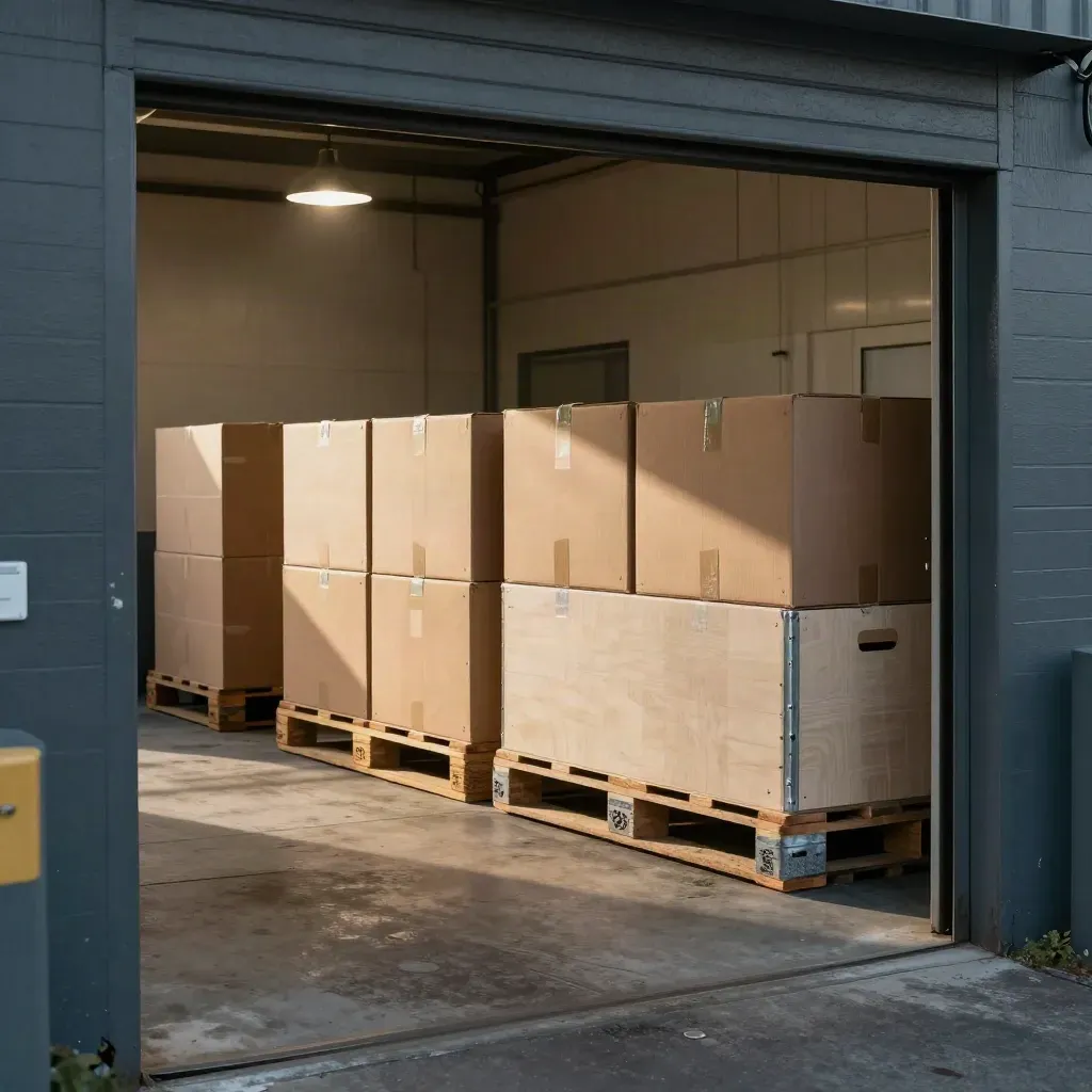 Warehouse threshold with closed pallet gates, sample cartons and lined-up delivery crates in warm haze