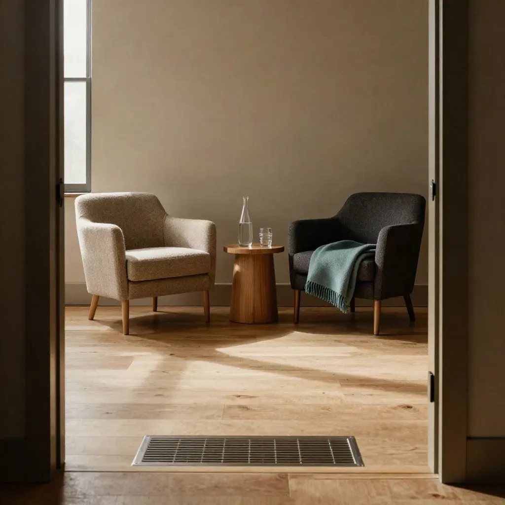 A warm breakout room reset with two wool chairs, oak table, water carafes and a teal throw.