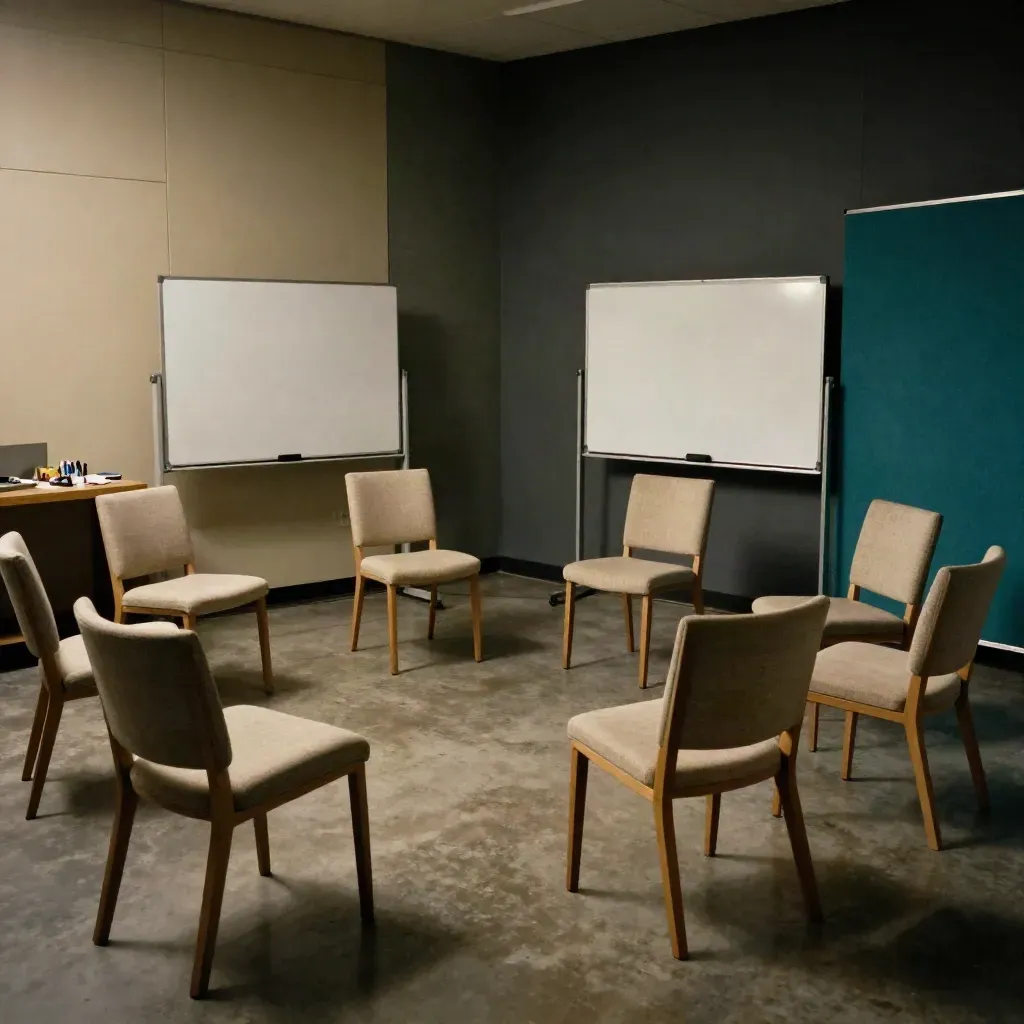 Empty workshop room with pale chairs, blank boards, and teal accents in moody haze.